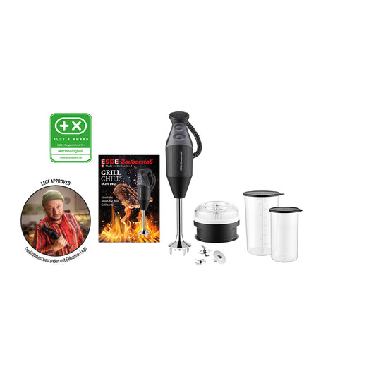 Der Unold ESGE-Zauberstab® M 200 BBQ ist ein schwarzer Stabmixer mit mehreren Aufsätzen, zwei durchsichtigen Messbechern, einem Zerkleinerer, einem Grill- und Chill-Kochbuch, einem Öko-Label und einem Qualitätssiegel für Köche.