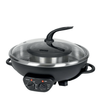 Der Unold Asia Fondue Hot Pot ist ein schwarzer elektrischer Multikocher mit einem Glasdeckel, seitlichen Griffen und Bedienknöpfen an der Vorderseite für die Temperatur- und Hitzeeinstellung.