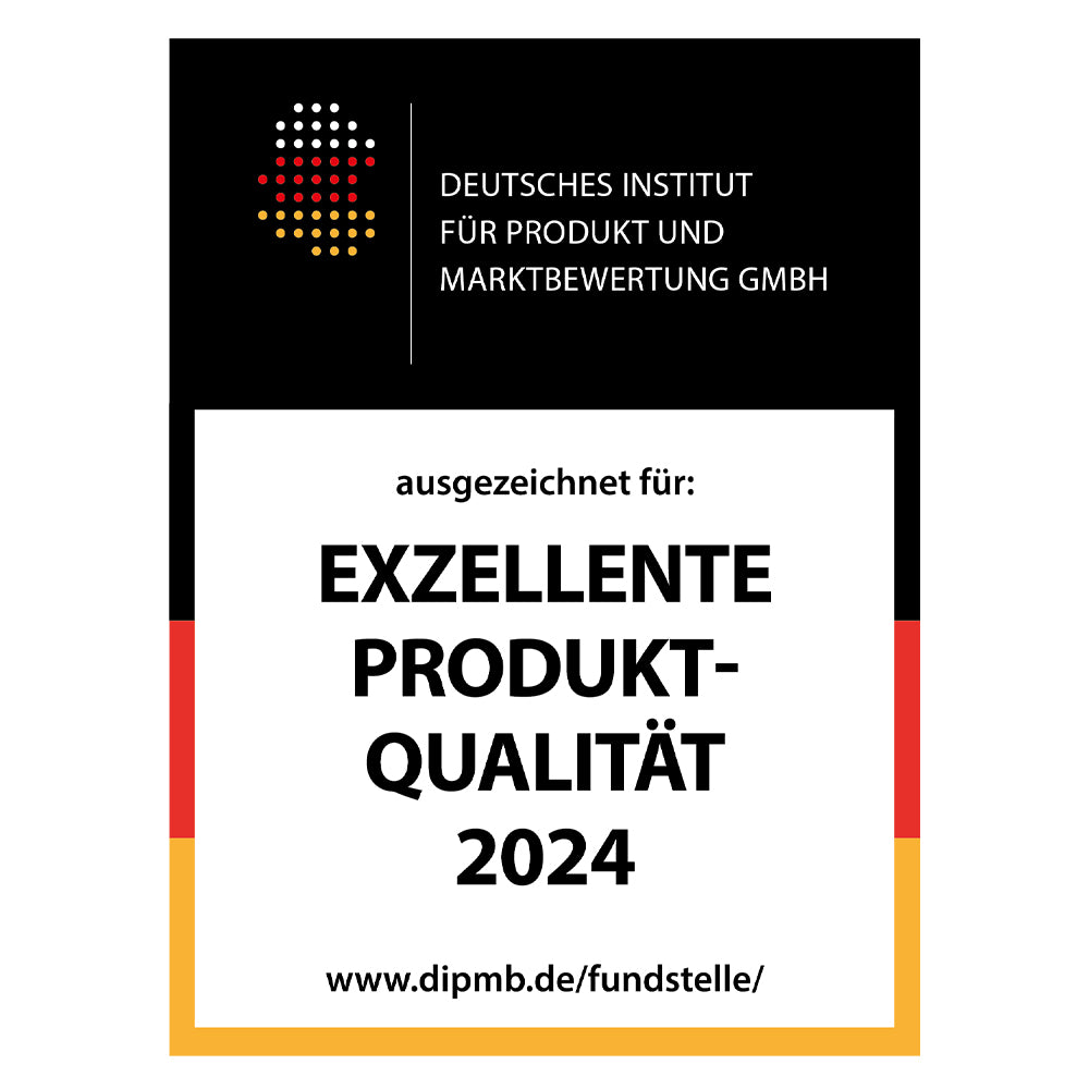 Ein Zertifikat des Deutschen Instituts für Produkt und Marktbewertung GmbH, das die "Exzellente Produktqualität 2024" auszeichnet, mit einem Link zur Website: www.dipmb.de/fundstelle/.