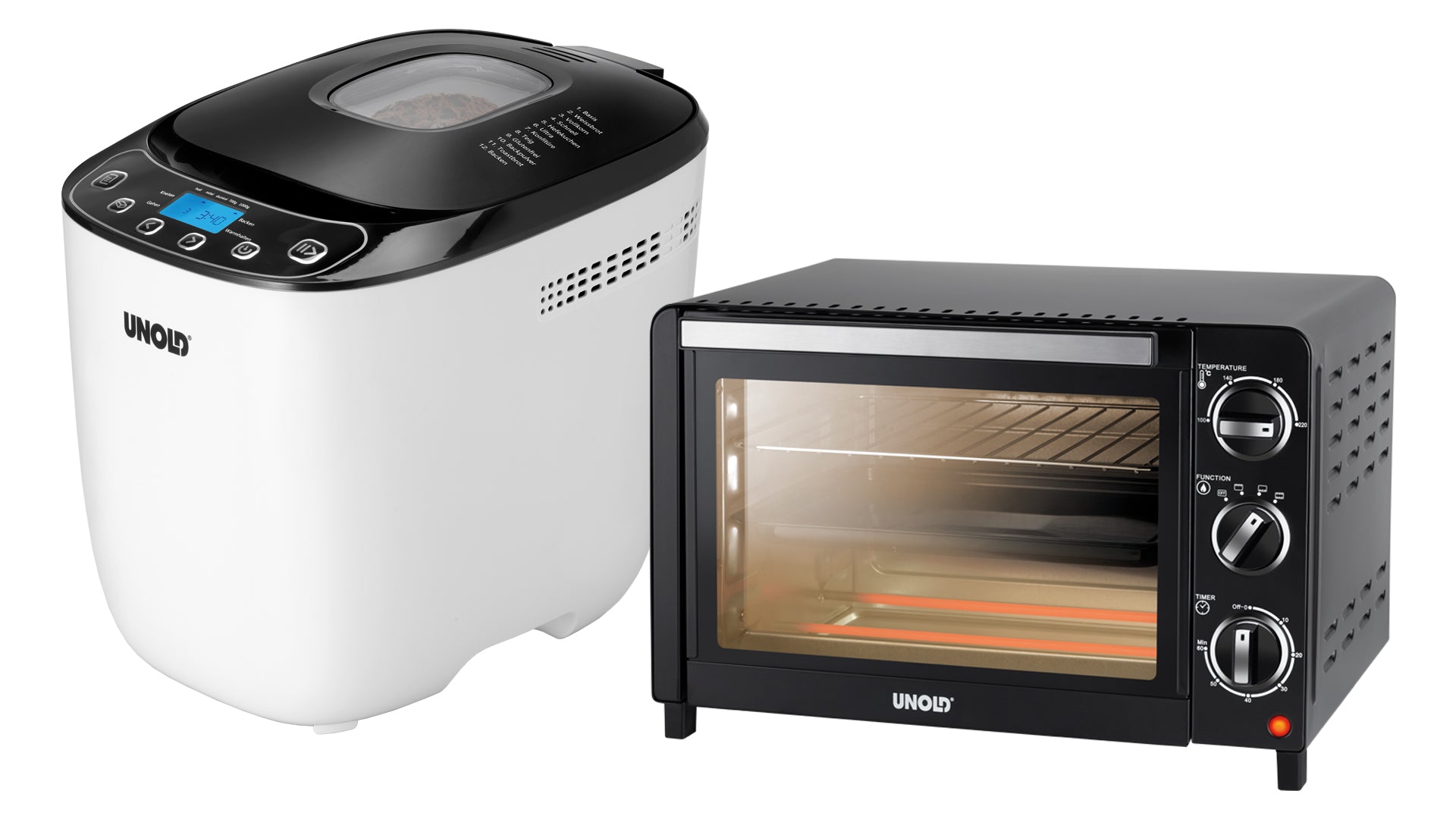 Neben einem weißen Brotbackautomaten mit Digitalanzeige steht ein schwarzer Tischbackofen mit Bedienknöpfen und Glastür. Beide Geräte sind von der Marke Unold.