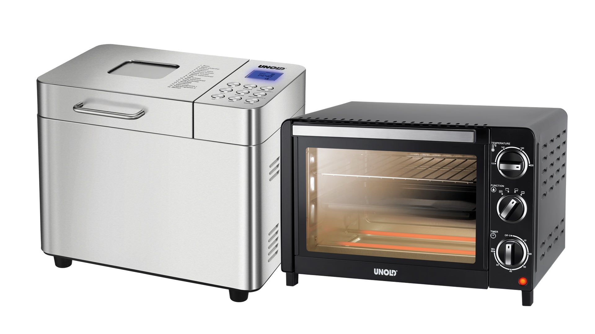 Ein Brotbackautomat aus Edelstahl und ein schwarzer elektrischer Toaster stehen nebeneinander auf weißem Hintergrund. Der Brotbackautomat verfügt über ein digitales Display und Tasten, während der Toaster über zwei Bedienknöpfe verfügt.
