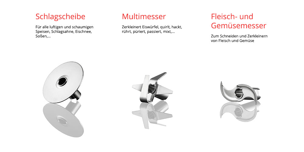 Das Unold ESGE-Zauberstab Bundle E 120 Select Creme enthält drei beschriftete Klingen - eine Schlagscheibe, ein Multimesser und ein Fleisch- und Gemüsemesser - die jeweils in deutscher Sprache beschrieben sind.