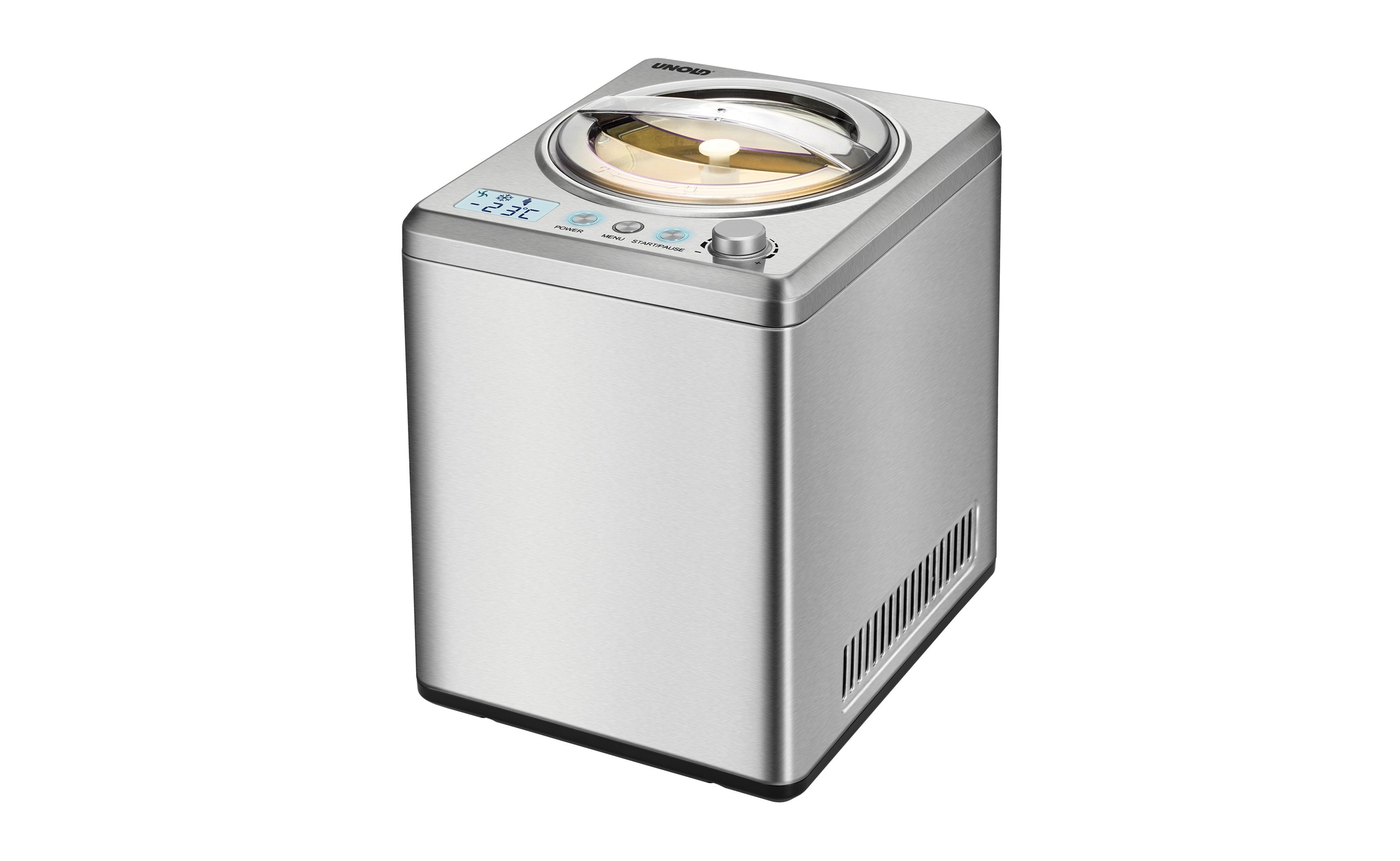 Eine moderne, silberne Eismaschine mit transparentem Deckel, digitaler Anzeige und Bedienknopf auf der Oberseite, steht auf einem weißen Hintergrund.