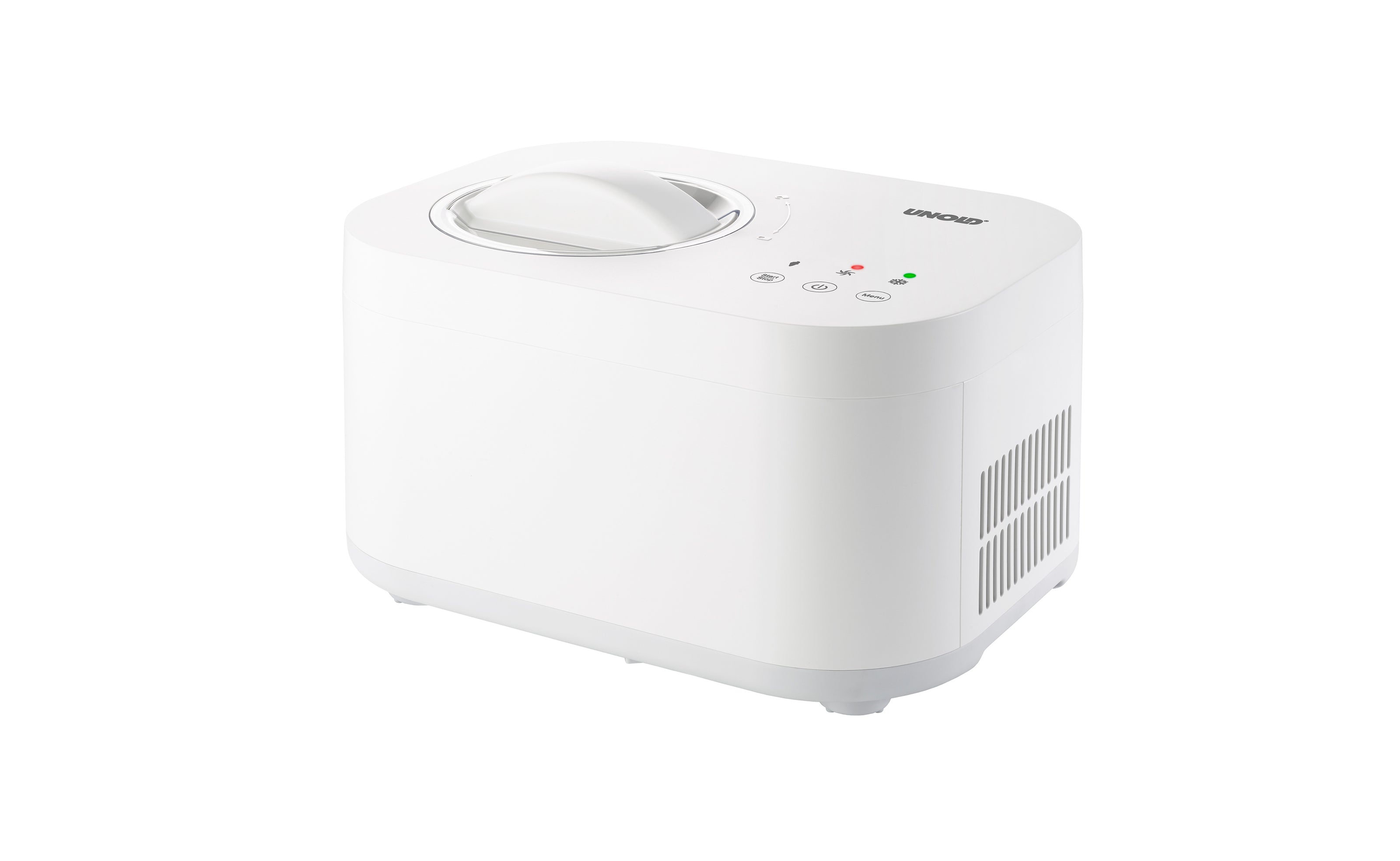 Eine weiße, rechteckige Eismaschine mit transparentem Deckel und Bedientasten oben sowie Kontrollleuchten und Lüftungsschlitzen an der Seite, platziert vor einem schlichten weißen Hintergrund.