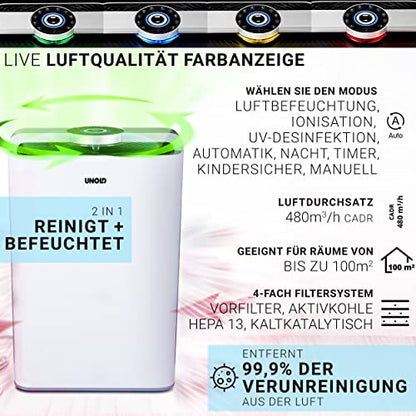 Unold Luftreiniger + Luftbefeuchter DELTA: Hergestellt in Deutschland mit farbkodierter Luftqualitätsanzeige, Befeuchtung, Ionisierung, UV-Desinfektion, Nachtmodus. Entfernt 99,9 % der Luftverunreinigungen; ideal für Räume bis 100 m².