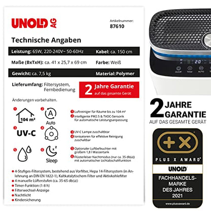 Produktinformationsblatt zum Unold Luftreiniger + Luftbefeuchter OMEGA: Technische Daten, UV-C, 2 Jahre Garantie, 104 m² Abdeckung, Filtersystem. Die rechte Seite zeigt einen Teil des Luftreinigers.