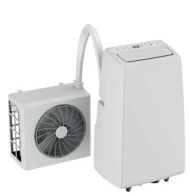 Die Unold AG Mobiles Split-Klimagerät 12K ist ein tragbares Klimagerät mit digitalem Bedienfeld und schlauchgebundenem Außenkondensator mit sichtbarem Ventilator.