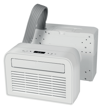 Das Unold AG Mobiles Split-Klimagerät 5K ist ein weißes, modernes Klimagerät mit digitaler Anzeige, Bedienknöpfen an der Oberseite, einer großen Lüftungsöffnung an der Vorderseite und einem flexiblen grauen Abluftschlauch an der Rückseite.