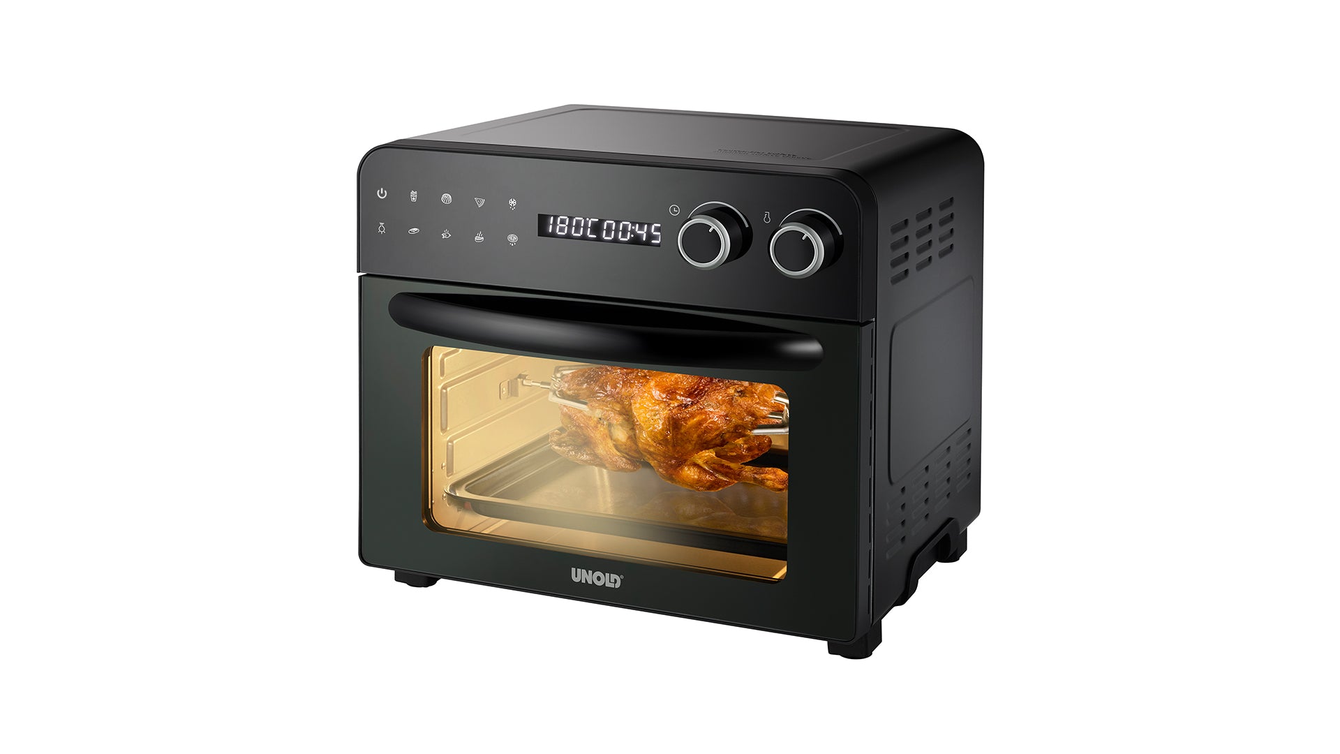 Ein schwarzer Tischbackofen mit digitaler Steuerung und zwei Drehreglern an der Vorderseite. Durch die Glastür ist ein ganzes Brathähnchen zu sehen. Das Display zeigt die Temperatureinstellung an.