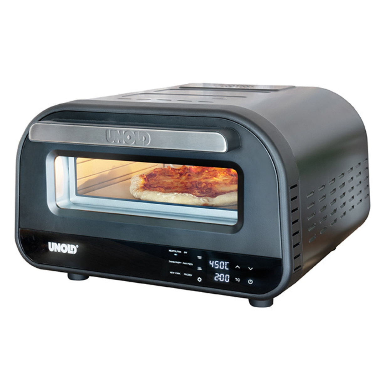 Ein schwarzer Unold-Pizzaofen „Don Luigi“ für die Arbeitsplatte mit Digitalanzeige zeigt durch ein Frontfenster eine darin backende Pizza, wobei die Temperatur auf 450 °C und 200 °C eingestellt ist.