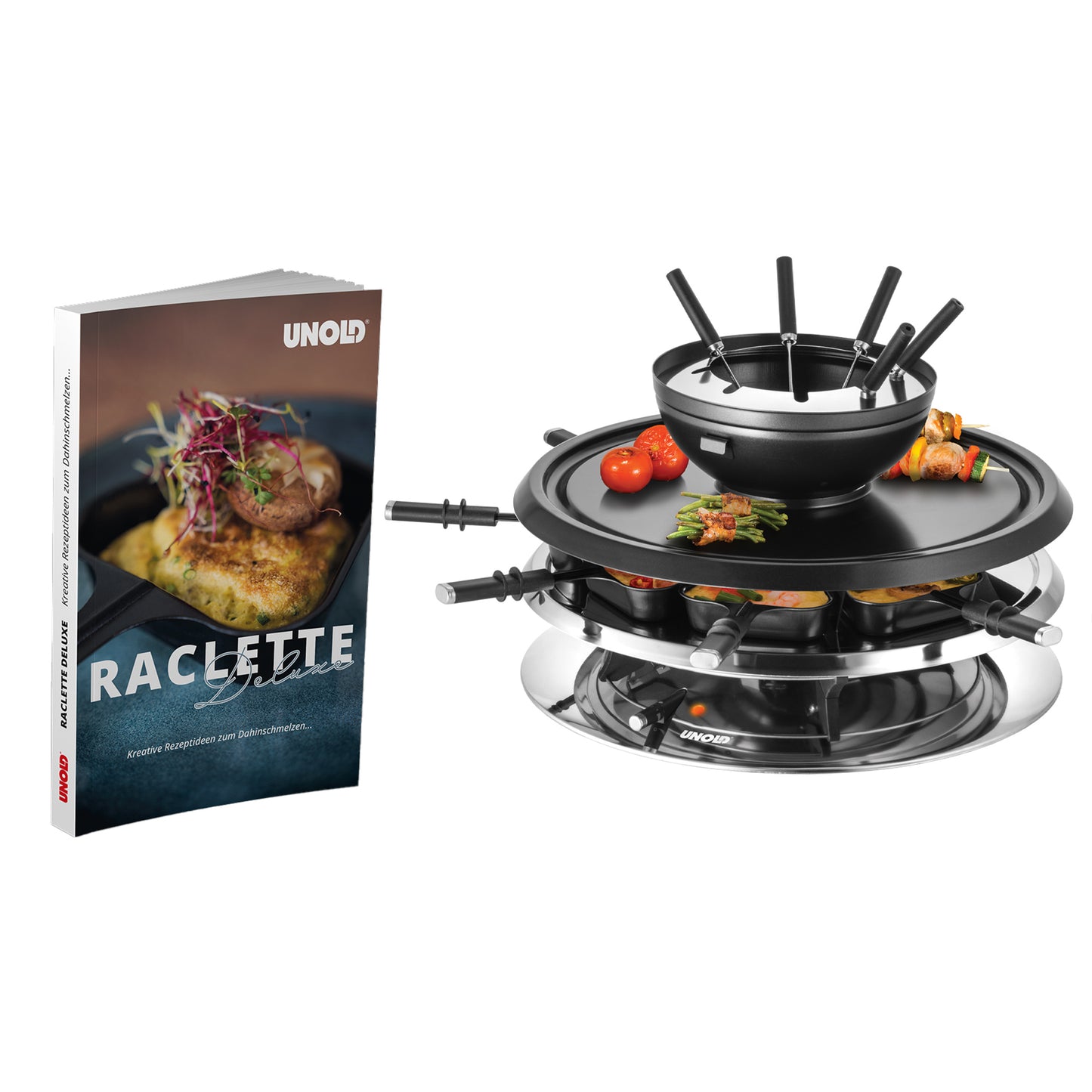 Das Unold Raclette Multi 4 in 1 Set enthält Spieße, eine Grillplatte mit Essen, einen Fonduetopf und das Raclette Buch Rezeptbuch - alles auf weißem Hintergrund.
