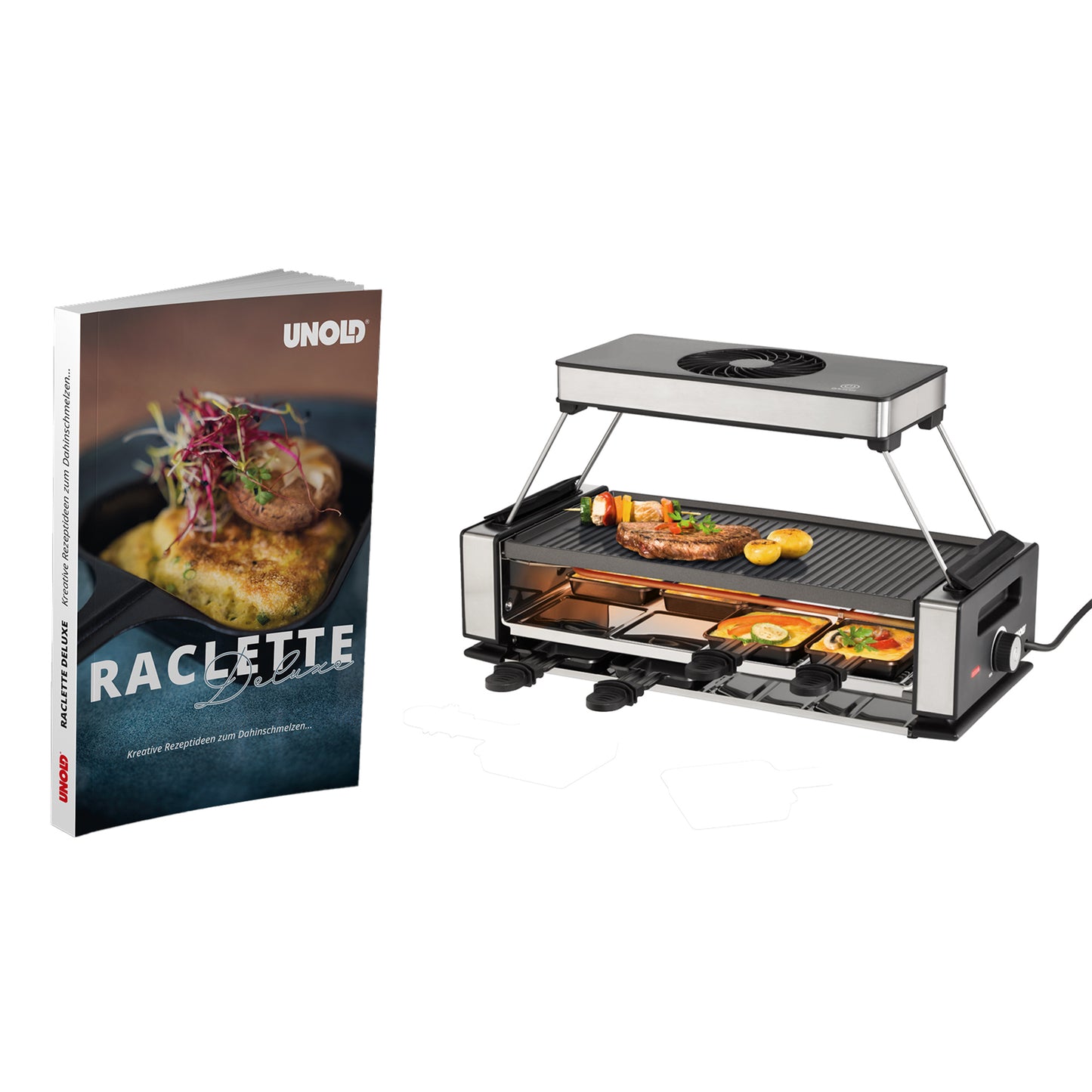 Das Unold Raclette Smokeless inklusive Raclette Buch zeigt den gefüllten Grill und ein "Raclette"-Kochbuch mit einem zubereiteten Raclette-Gericht auf dem Cover.