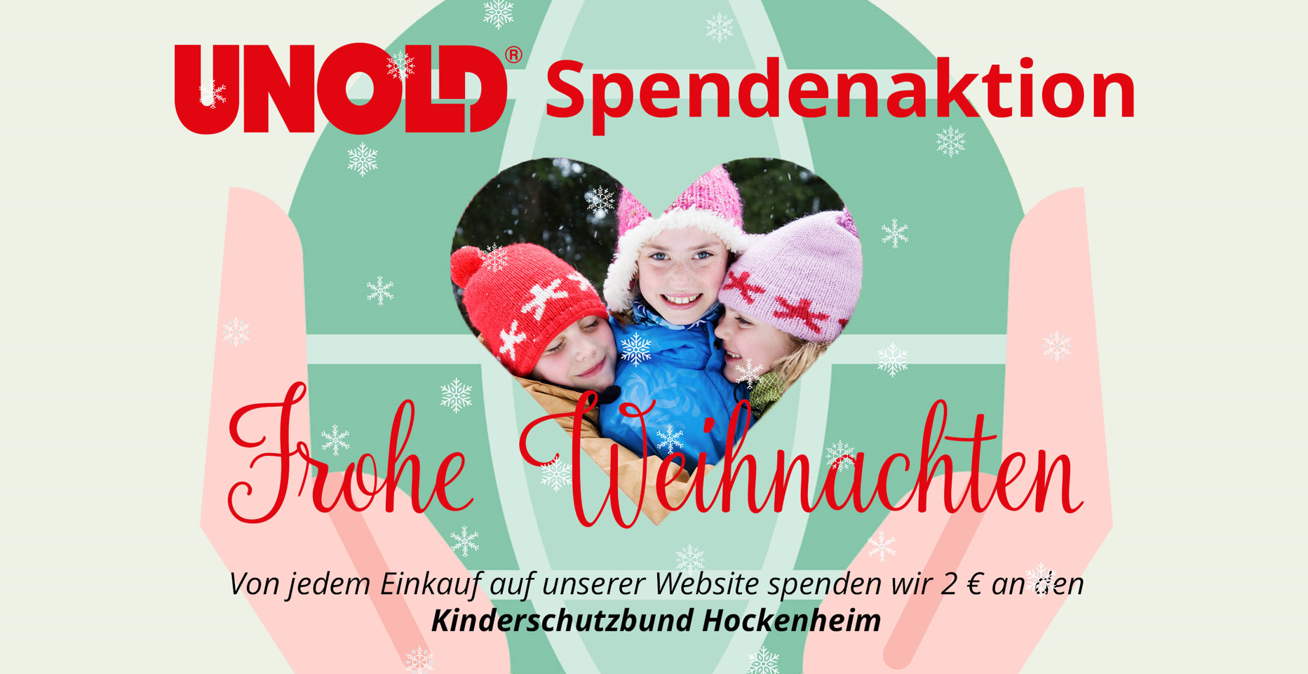 Banner mit der Aufschrift „UNOLD Spendenaktion“ oben, einem Foto von vier lächelnden Kindern in Winterkleidung und Mützen sowie „Frohe Weihnachten“ mit Einzelheiten zu einer Spende für den Kinderschutzbund Hockenheim.