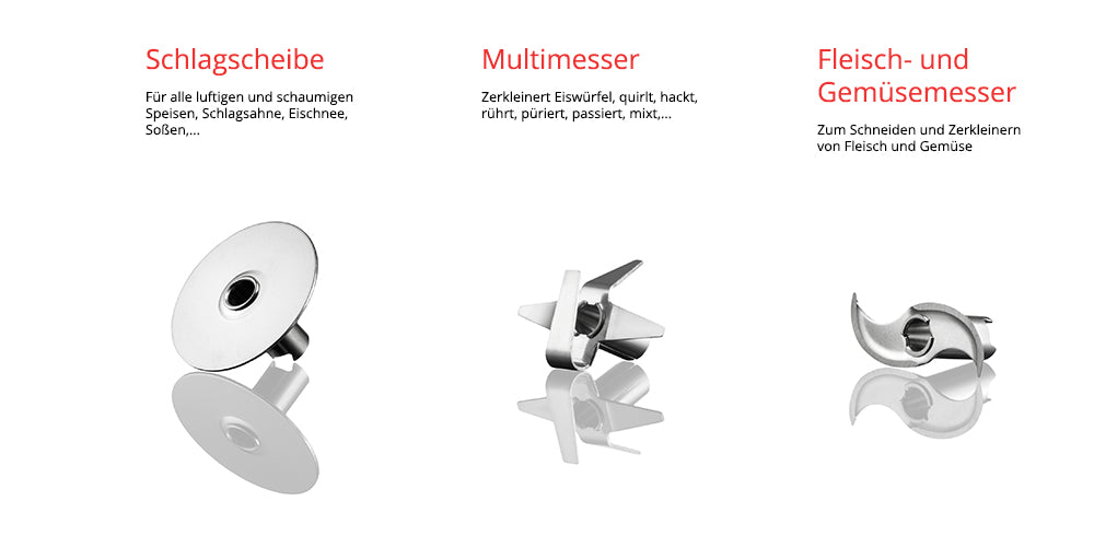 Aufsätze für den ESGE-Zauberstab als Freisteller mit Schatten sowie dem Namen und Erklärung. Von links nach rechts: Schlagscheibe - für alle luftigen und schaumigen Speisen, Schlagsahne, Eischnee, Soßen. Multimesser - Zerkleinert Eiswürfel, quirlt, hackt, rührt, püriert, passiert, mixt. Fleisch-und Gemüsemesser - Zum Schneiden und Zerkleinern von Fleisch und Gemüse.