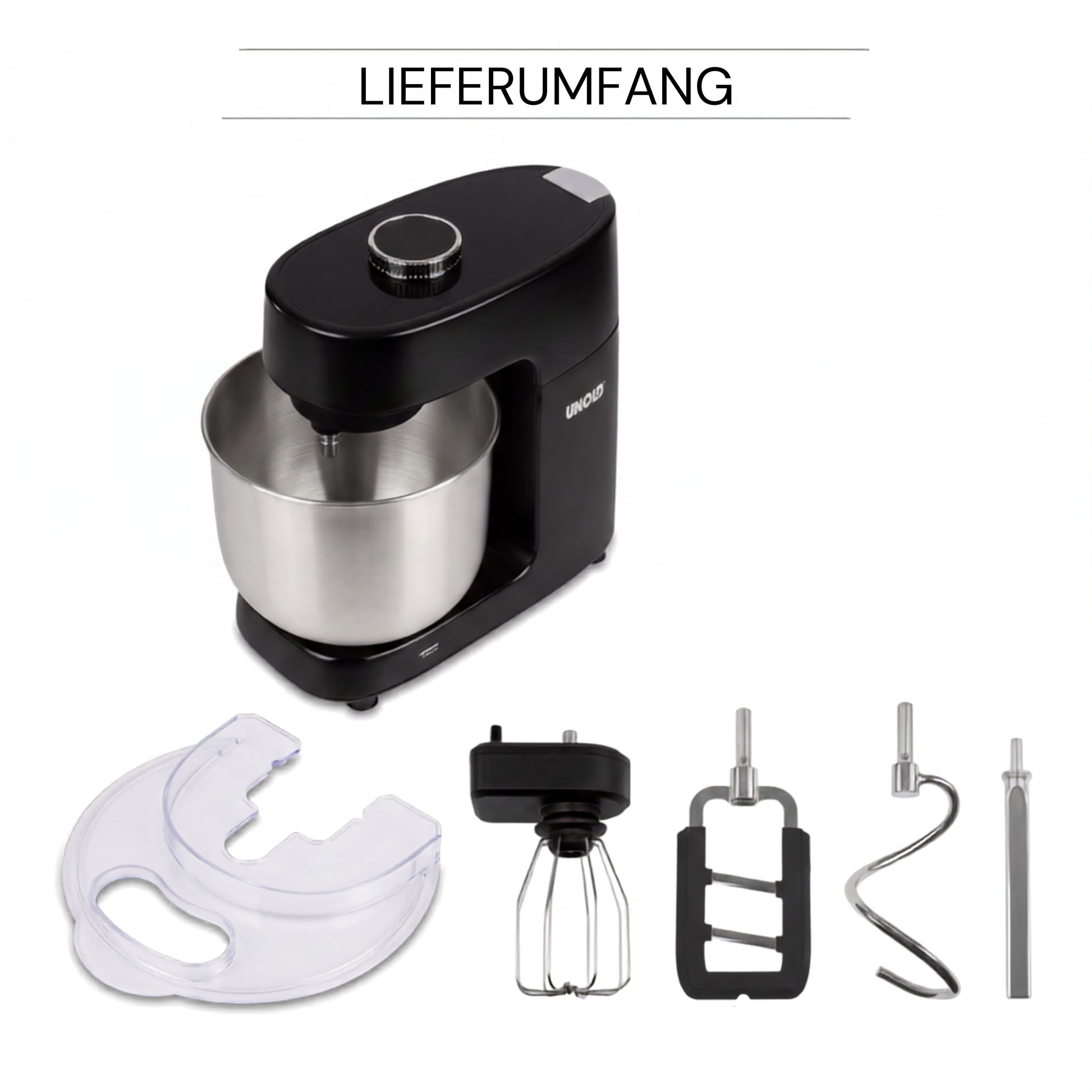 Die Unold Spiralknetmaschine Spirella ist eine schwarze Küchenmaschine mit einer Edelstahlschüssel. Zum Lieferumfang gehören ein Spritzschutz, ein Schneebesen, ein Flachrührer und ein Knethaken. Über der Küchenmaschine ist das Wort „LIEFERUMFANG“ zu lesen.