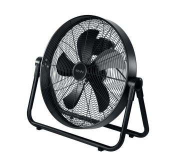 Die Windmaschine Black Steel von Unold AG ist ein schwarzer Bodenventilator aus Metall mit einem runden Rahmen, fünf Flügeln, einem Schutzgitter an der Vorderseite, seitlichen Einstellknöpfen am Standfuß und einem modernen Industriedesign.