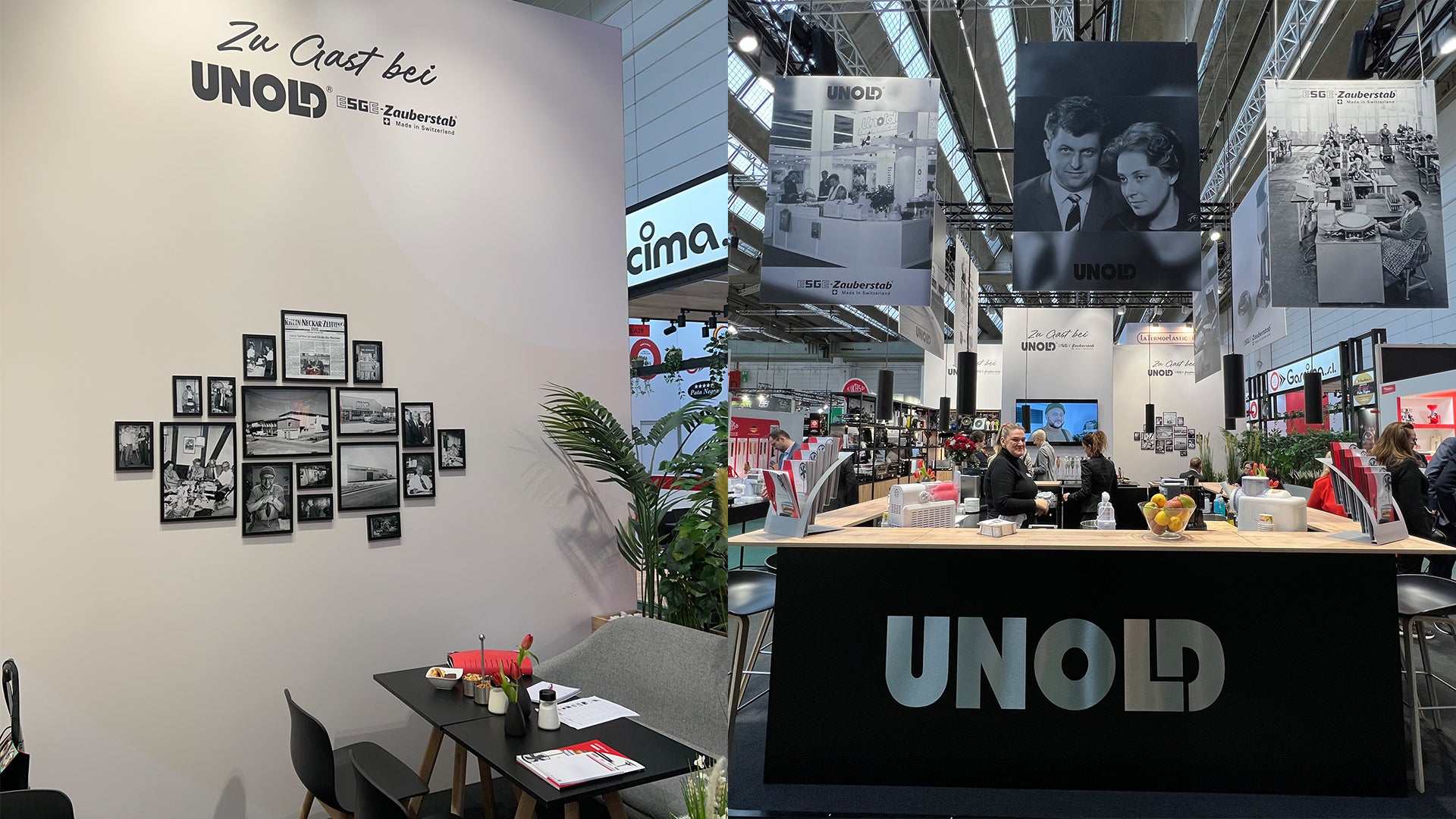 Messestand für UNOLD mit Sitzecke, Wand aus Schwarz-Weiß-Fotos, großem UNOLD-Logo und moderner Theke; im geschäftigen Standambiente herrscht reger Austausch.