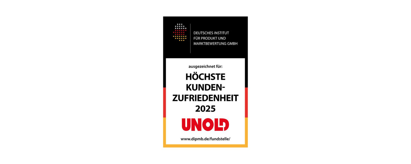 Auszeichnungsplakette mit deutschem Text: Höchste Kundenzufriedenheit 2025, Logo von UNOLD und Deutsches Institut für Produkt und Marktbewertung GmbH im oberen Bereich. Der Link zur Website befindet sich unten.