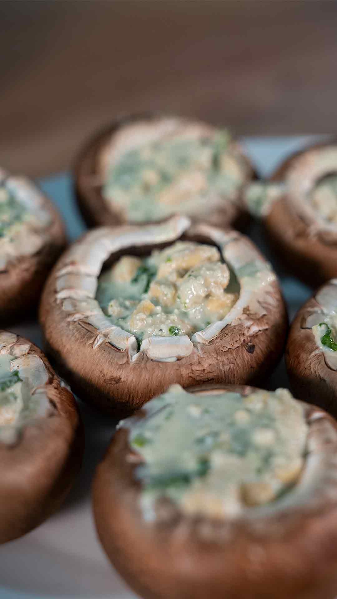 Nahaufnahme mehrerer Pilze, deren Hüte mit einer cremigen, grünlich-weißen Füllung gefüllt und auf einem Teller angerichtet sind.