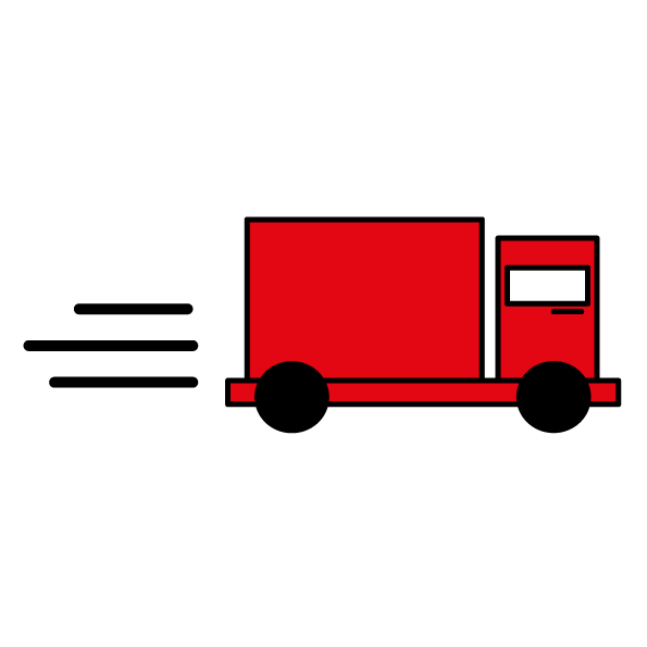 Ein rotes Lieferwagensymbol mit schwarzen Rädern und Fenster, über dem in fetten, schwarzen Buchstaben auf weißem Hintergrund die Worte „Kostenloser Versand“ stehen.