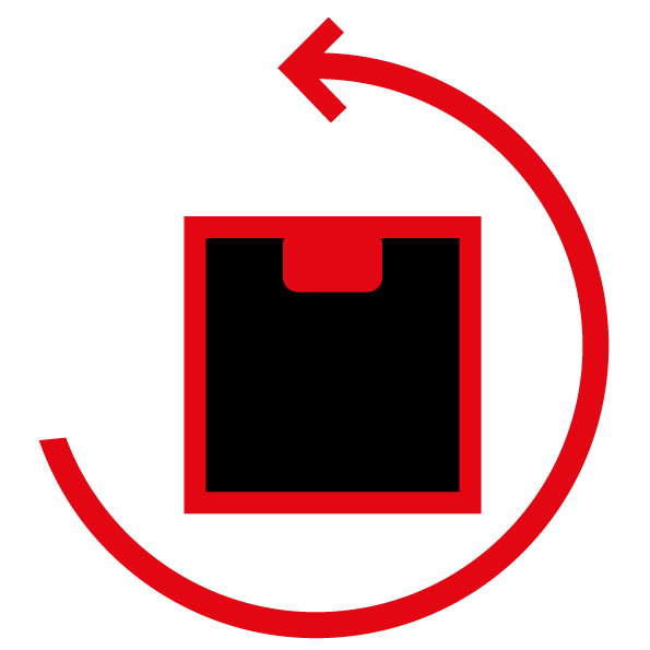Ein rotes Symbol einer Schachtel mit einem gebogenen Pfeil, der sich gegen den Uhrzeigersinn darum windet und eine Rücksendung oder einen Rückversand vorschlägt.