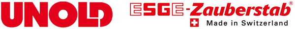 Rote Logos für UNOLD und ESGE-Zauberstab mit Schweizer Flagge und Text „Made in Switzerland“ auf weißem Hintergrund.