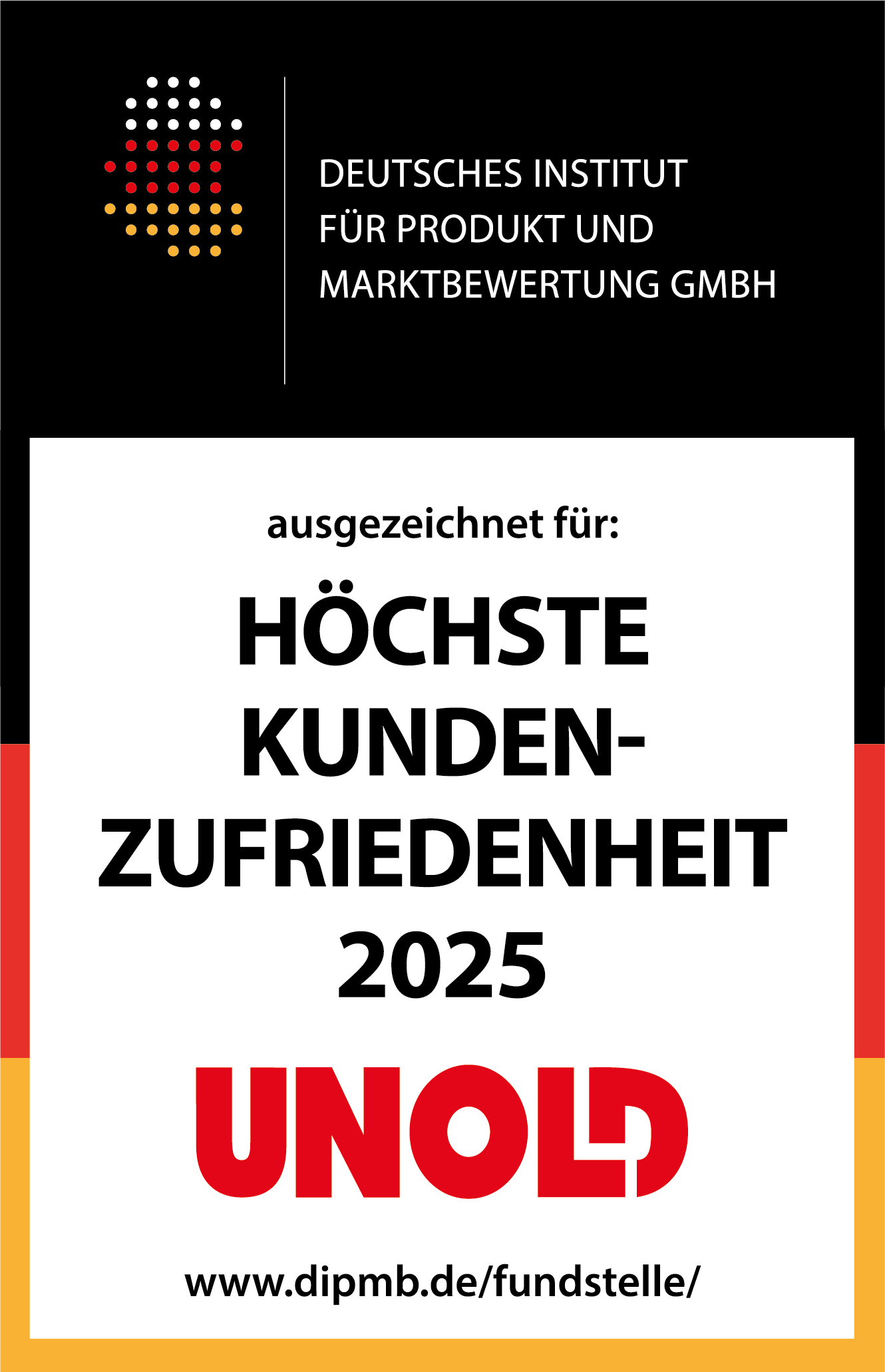 Eine Urkunde des Deutschen Instituts für Produkt und Marktbewertung GmbH zur Auszeichnung von UNOLD für Höchste Kundenzufriedenheit 2025 mit einem Link zu www.dipmb.de/fundstelle.