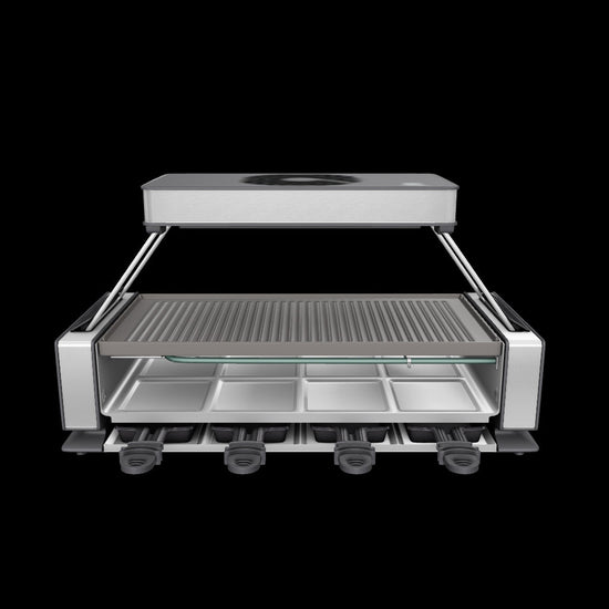 3D-Modell des Unold Raclette Smokeless mit Grillplatte, integrierter Rauchreduktionsfunktion, darunterliegenden Pfännchen und rechteckigem Gehäuse.