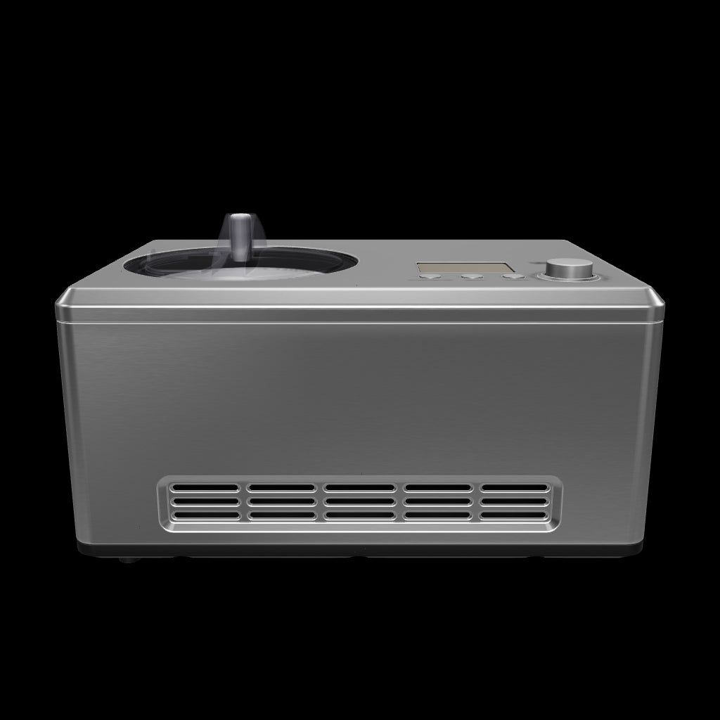 3D-Modell der Unold Eismaschine Nobile mit Edelstahlgehäuse, digitalem Display, Bedientasten und entnehmbarem Eisbehälter zur Herstellung von Speiseeis.