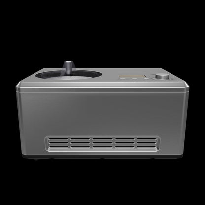 3D-Modell der Unold Eismaschine Nobile mit Edelstahlgehäuse, digitalem Display, Bedientasten und entnehmbarem Eisbehälter zur Herstellung von Speiseeis.