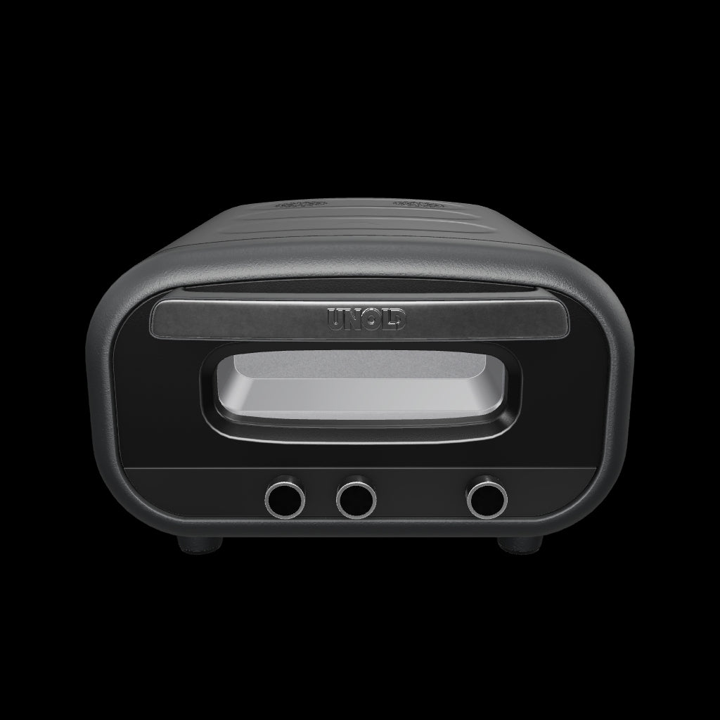 3D-Modell des Unold Pizzaofen Don Alfredo mit kompakter Bauform, Edelstahlfront, Temperaturregler und Backraum mit Pizzastein für die Zubereitung von Pizza.