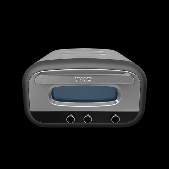 3D-Modell des Unold Pizzaofen Alfredo mit Edelstahlgehäuse, frontseitiger Tür, Sichtfenster und integriertem Pizzastein im Innenraum zur Zubereitung von Pizza bei hohen Temperaturen.