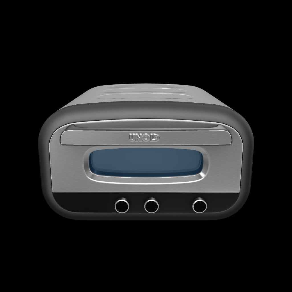 3D-Modell des Unold Pizzaofen Alfredo mit Edelstahlgehäuse, frontseitiger Tür, Sichtfenster und integriertem Pizzastein im Innenraum zur Zubereitung von Pizza bei hohen Temperaturen.