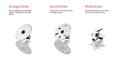 Der Unold ESGE-Zauberstab® Akku Schwarz 95105 wird mit drei Metallaufsätzen – Schlagscheibe, Quirlscheibe und Multimesser – mit deutscher Beschriftung auf weißem Grund abgebildet.