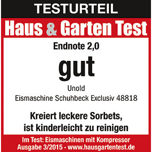 Haus & Garten Test bewertet die Unold Eismaschine Schuhbeck Exklusiv 1,5 L B-Ware mit gut (2,0) und lobt die einfache Reinigung und die Fähigkeit, leckeres Sorbet zuzubereiten.