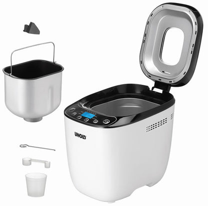 Der Brotbackautomat Unold 68010 Backmeister® Design von Unold in Weiß und Schwarz ist mit geöffnetem Deckel, herausnehmbarer Backform, Messbecher, Knethaken und Rührbesen auf weißem Grund abgebildet. Er verfügt über ein digitales Bedienfeld.