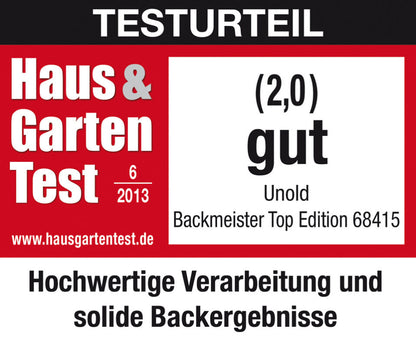 Der Unold Backmeister® Top Edition erhielt im Haus & Garten Test 6/2013 die Note 2,0 (gut). Die Tester lobten die hochwertige Verarbeitung und die zuverlässigen Backergebnisse.