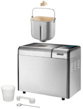 Der Brotbackautomat Unold Backmeister® Top Edition in Silber verfügt über eine digitale Anzeige, eine abnehmbare Brotbackform oben und wird mit Messbecher, Löffel und Knethaken an der Vorderseite geliefert.