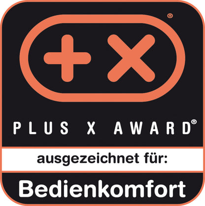 Die Unold Backmeister® Top Edition ist mit einem schwarz-orangen Plus X Award-Logo mit der Aufschrift „Ausgezeichnet für: Bedienkomfort“ und einem Plus- und X-Symbol innerhalb eines abgerundeten Rechtecks versehen.