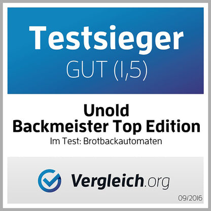 Auszeichnungsplakette: Testsieger GUT (1,5) für den Brotbackautomaten Unold Backmeister® Top Edition von Vergleich.org, Stand 09/2016.