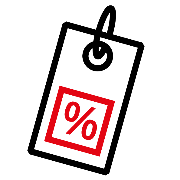 Schwarzes Einkaufswagensymbol mit einem roten, schrägen Quadrat, das ein weißes Prozentzeichen (%) darin enthält, das einen Rabatt oder Verkauf darstellt.