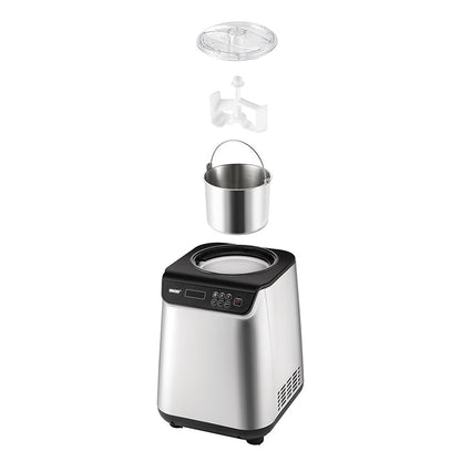 Die Unold Eismaschine Uno inklusive Eisbuch 1,2 L wird mit vertikal getrennten Edelstahlteilen gezeigt: durchsichtiger Deckel, weißes Paddel, Rührschüssel aus Metall und Basiseinheit mit Digitalanzeige und Tasten an der Unterseite.