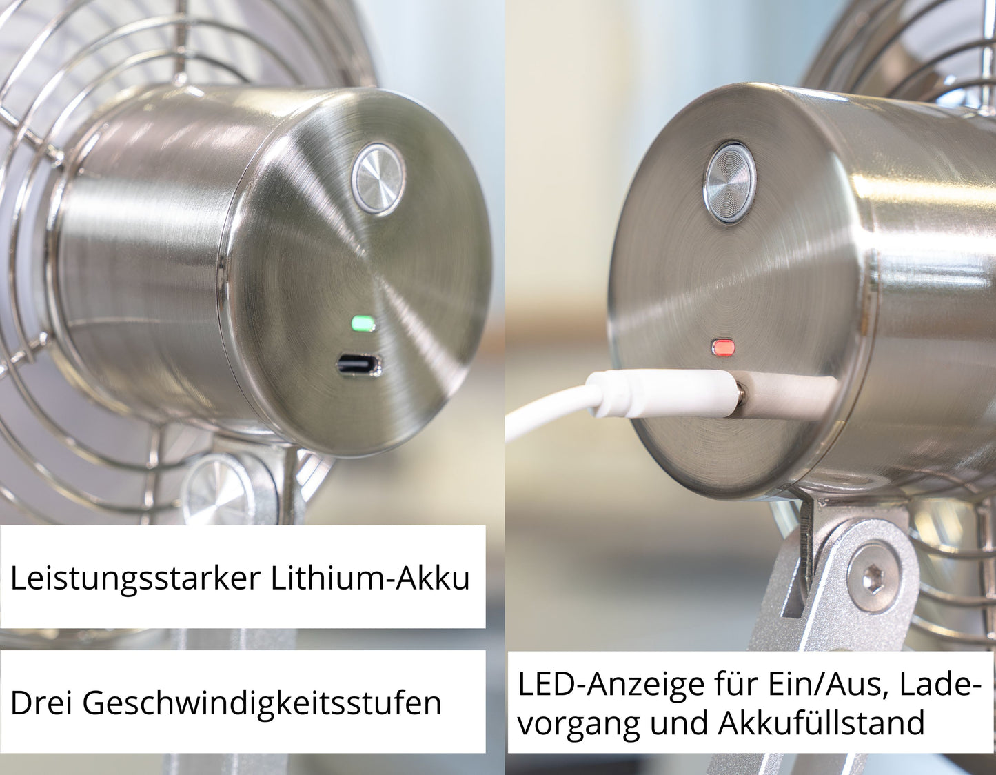 Nahaufnahme des Akku-Tischventilators Steel Flex der Unold AG: Metallventilator mit Einschaltknopf, Geschwindigkeitsanzeigen, Ladeanschluss und Kabel; deutscher Text hebt Lithiumbatterie, mehrere Geschwindigkeitsstufen und LED-Statusanzeige hervor.