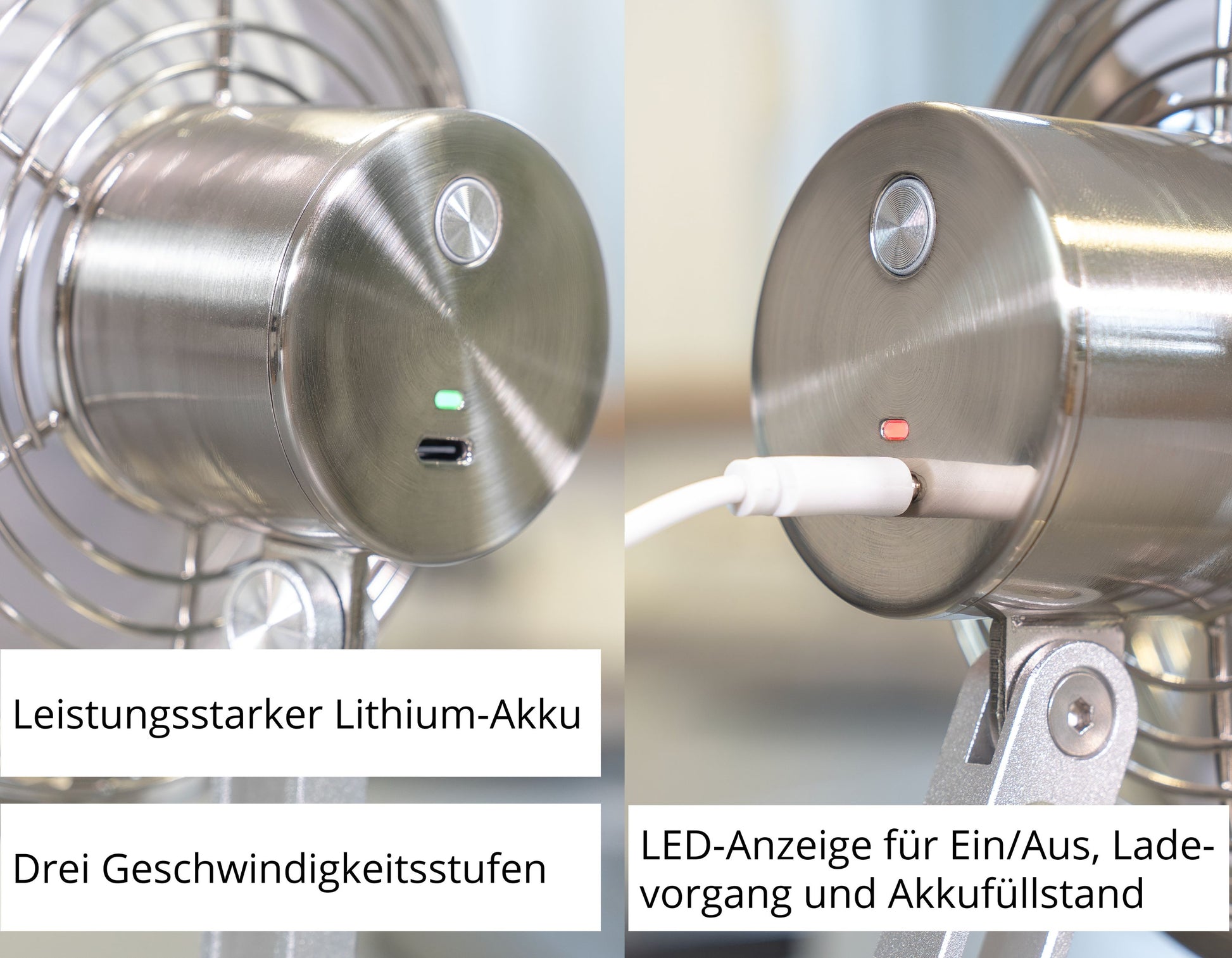 Nahaufnahme des Akku-Tischventilators Steel Flex der Unold AG: Metallventilator mit Einschaltknopf, Geschwindigkeitsanzeigen, Ladeanschluss und Kabel; deutscher Text hebt Lithiumbatterie, mehrere Geschwindigkeitsstufen und LED-Statusanzeige hervor.