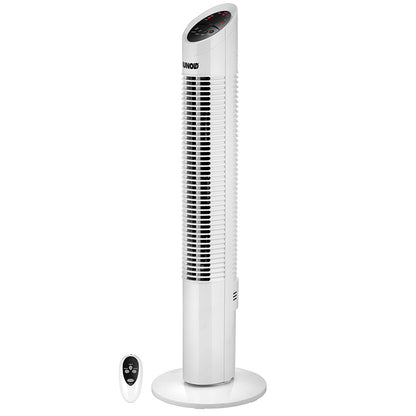 Der Unold TURMVENTILATOR TOWER ist ein hoher, weißer Turmventilator mit digitalem Bedienfeld und rundem Standfuß. Eine kleine Fernbedienung liegt neben dem Ventilator auf dem Boden.