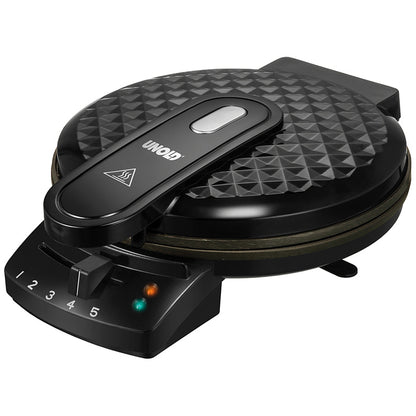 Der Unold Waffelautomat Diamant ist ein schwarzes, rundes elektrisches Waffeleisen mit strukturiertem Deckel, Griff, Temperaturregler (1–5) und zwei Kontrollleuchten.