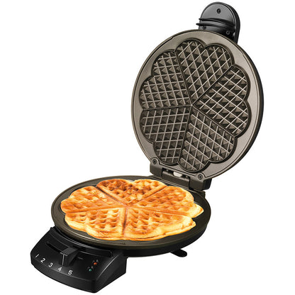Der Unold Waffelautomat Diamant ist geöffnet abgebildet, im Inneren befindet sich eine herzförmige Waffel, die über einen Temperaturregler von 1 bis 5 und Kontrollleuchten auf der Vorderseite verfügt.