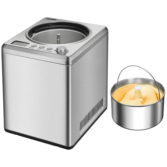 Neben der Unold Eismaschine Profi Plus 2,5 L, einer Edelstahl-Eismaschine mit Digitalanzeige, steht eine abnehmbare Metallschüssel mit frisch zubereitetem Eis gefüllt.