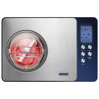 Draufsicht der Unold Eismaschine Schuhbeck Exklusiv 1,5 L mit Digitalanzeige. Rosa-weißes Eis wird in einem transparenten, runden Behälter gepresst. Die Maschine verfügt über Menü-, Timer- und Einschalttasten.