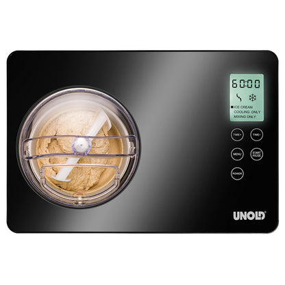 Draufsicht der Eismaschine Unold Eismaschine Gusto 2 L in Schwarz mit einer Digitalanzeige mit sichtbaren Einstellungen und Touch-Tasten auf der rechten Seite, während das Eis in der Schüssel gemischt wird.